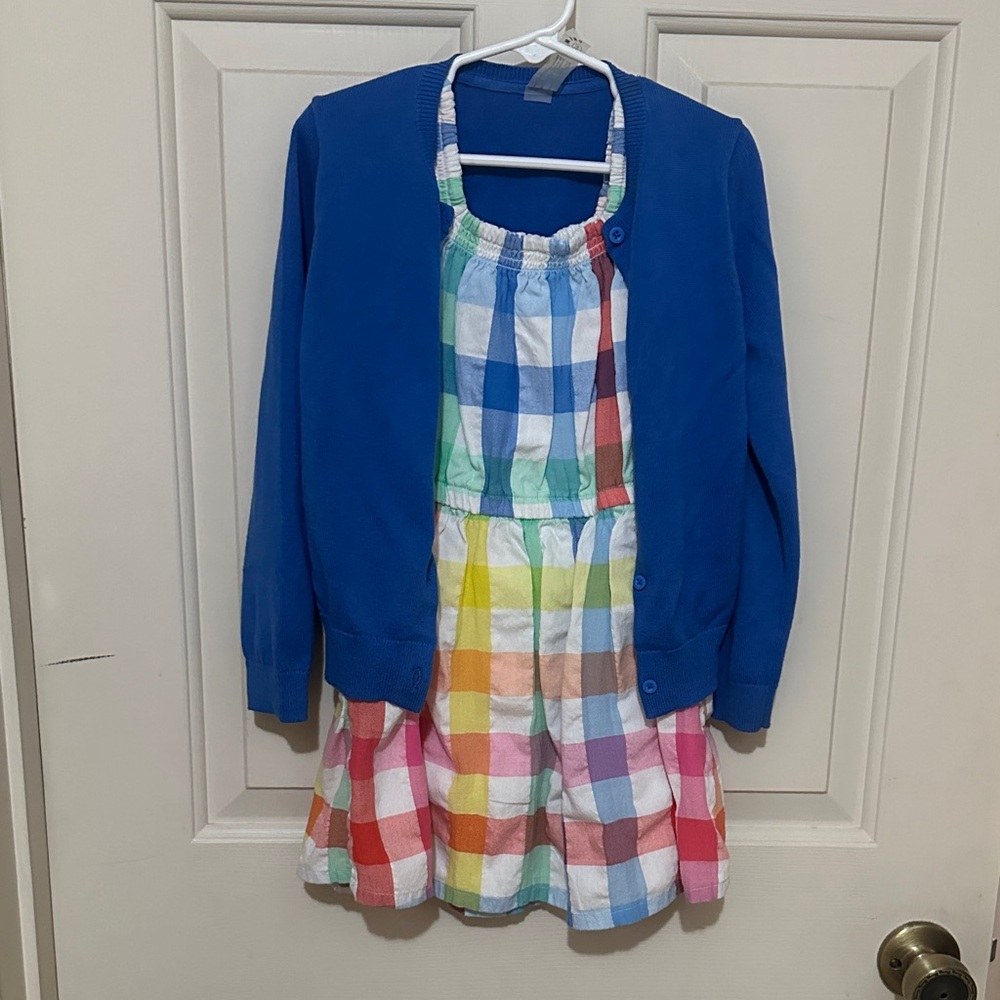 Primary Blue Cardigan with Multicolor Plaid Dress